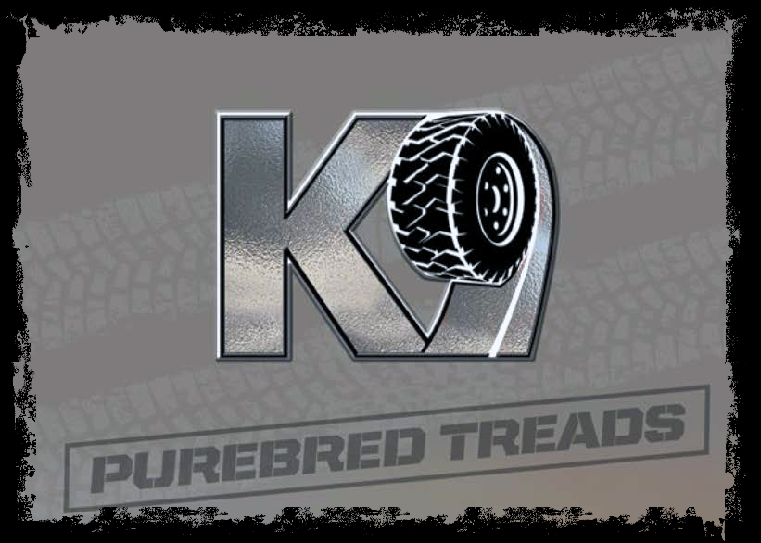 A grey image with the K9 Tire logo also in grey but outlined in black. Capital K with a number 9 and the nine has a tire in place of the circle. There are tire marks in the background